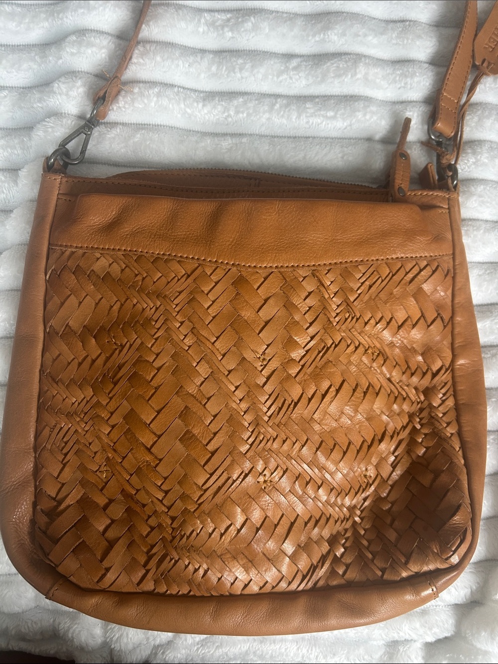 Genuine Leather woven Crossbody Bag - Tan
